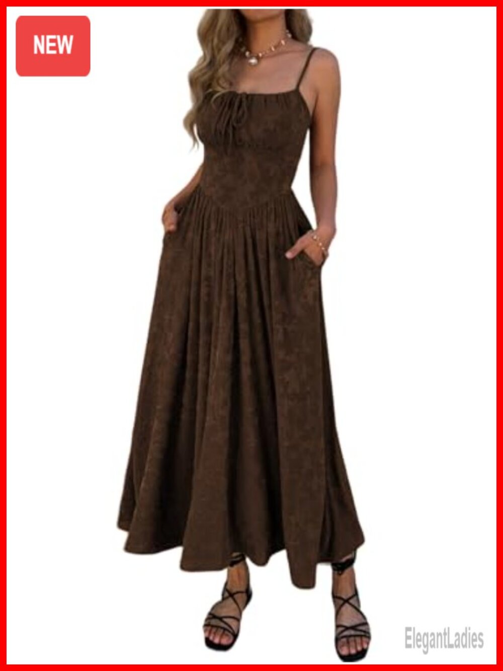 Women's Floral Maxi Dress Spaghetti Strap Tie Front A-Line with Pockets